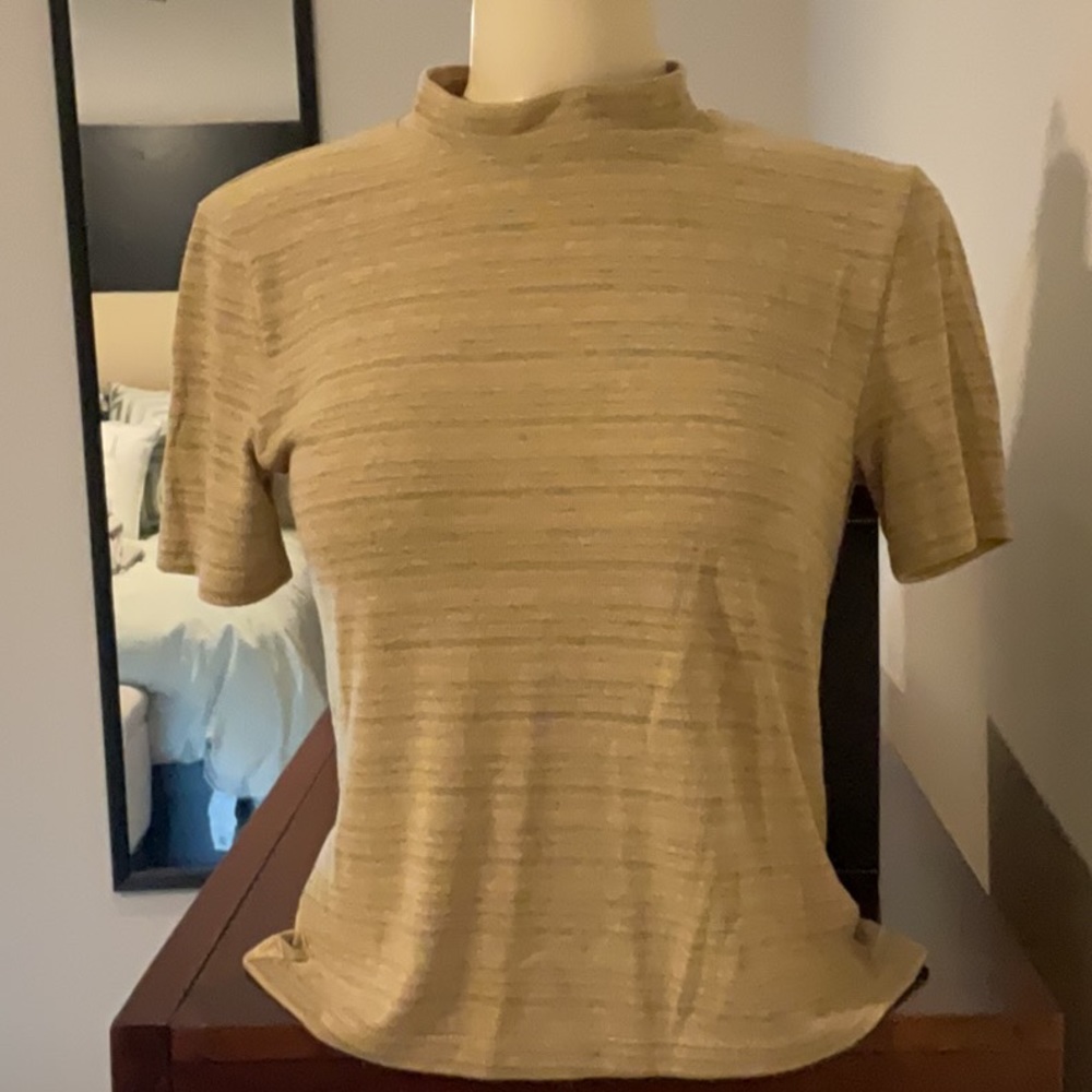 Cute light brown short, striped mock turtleneck T-shirt .